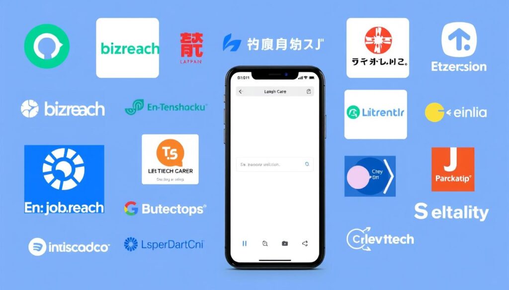 さまざまな転職サイトのロゴとスマートフォン画面