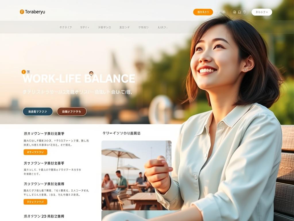 とらばーゆのウェブサイト画面とワークライフバランスを実現する女性
