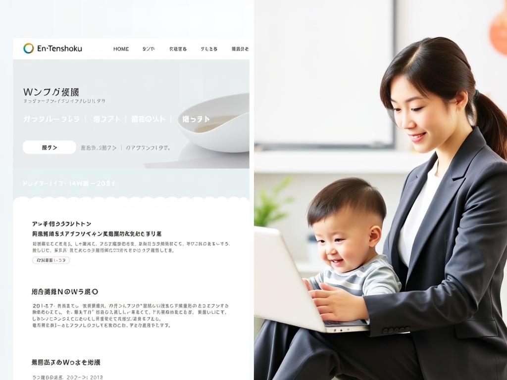 エン転職WOMANのウェブサイト画面と育児と仕事を両立する女性
