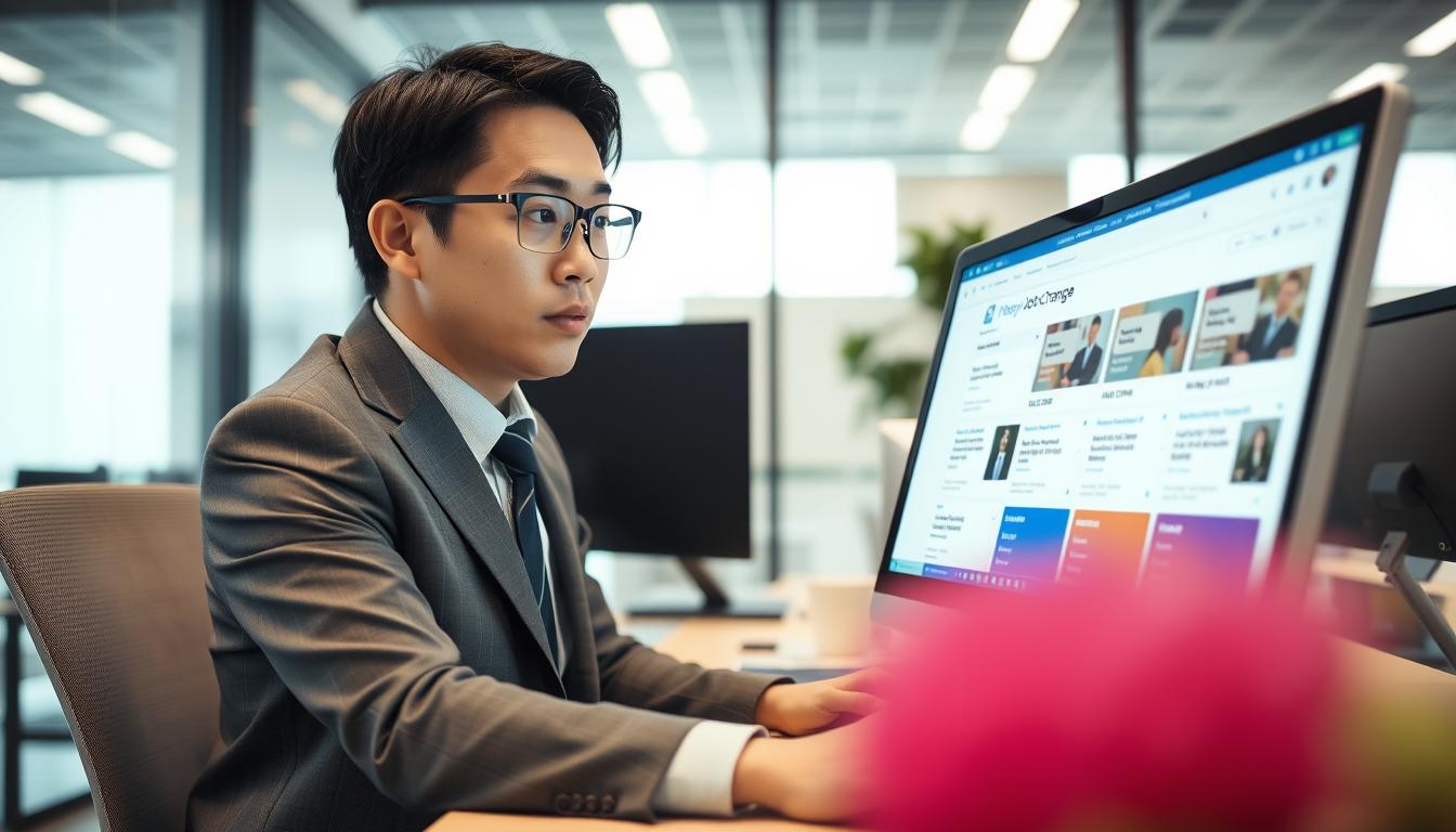 オフィスでパソコンを使って転職サイトを閲覧する日本人ビジネスパーソン