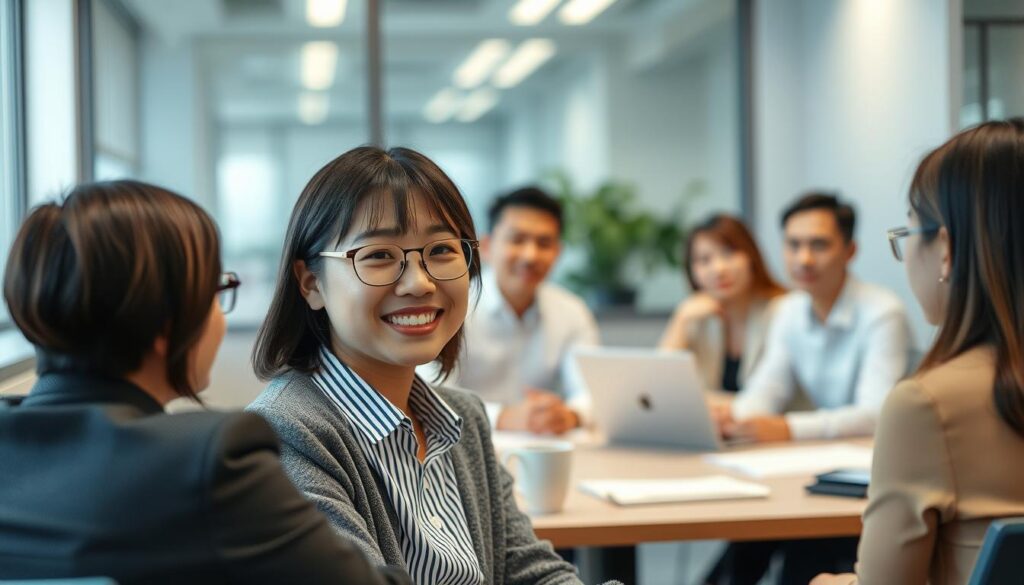フリーターから正社員に転職した20代がオフィスで同僚と打ち合わせをしている様子