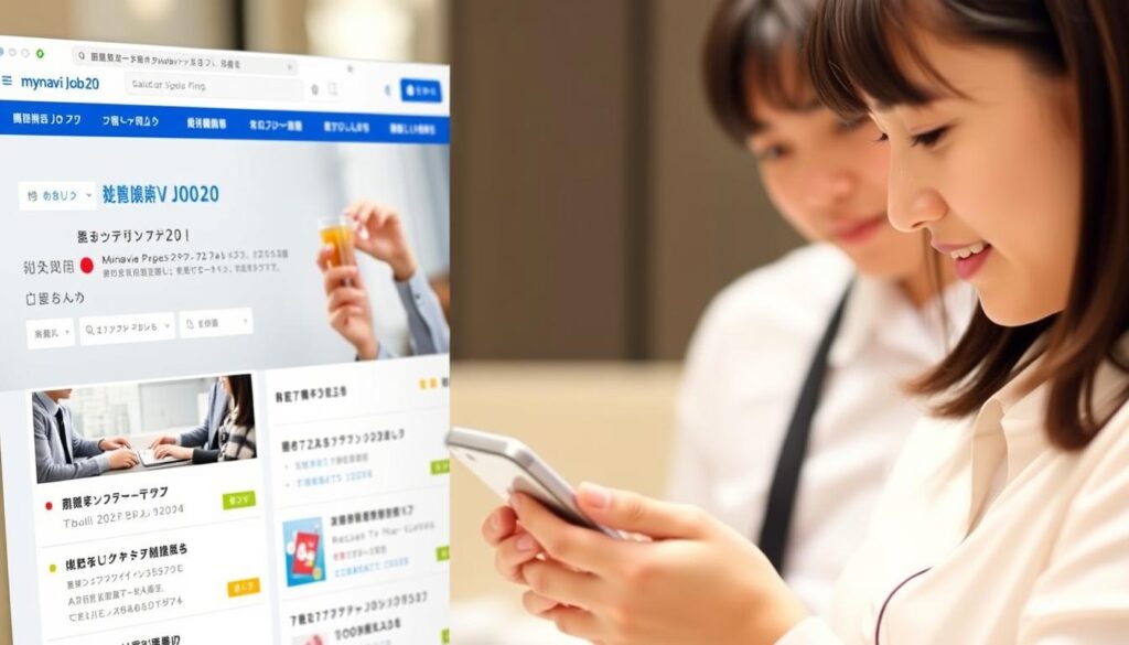 マイナビジョブ20'sのウェブサイト画面と、20代向けの求人情報を閲覧している若い求職者