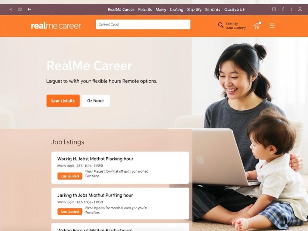 リアルミーキャリアのウェブサイト画面と子育てしながら働く女性