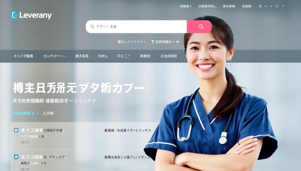 レバウェル看護のウェブサイト画面と看護師