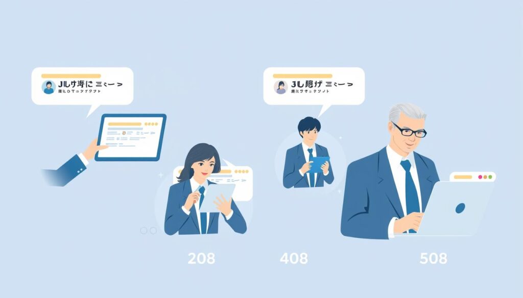 年代別の転職活動をする人々のイラスト
