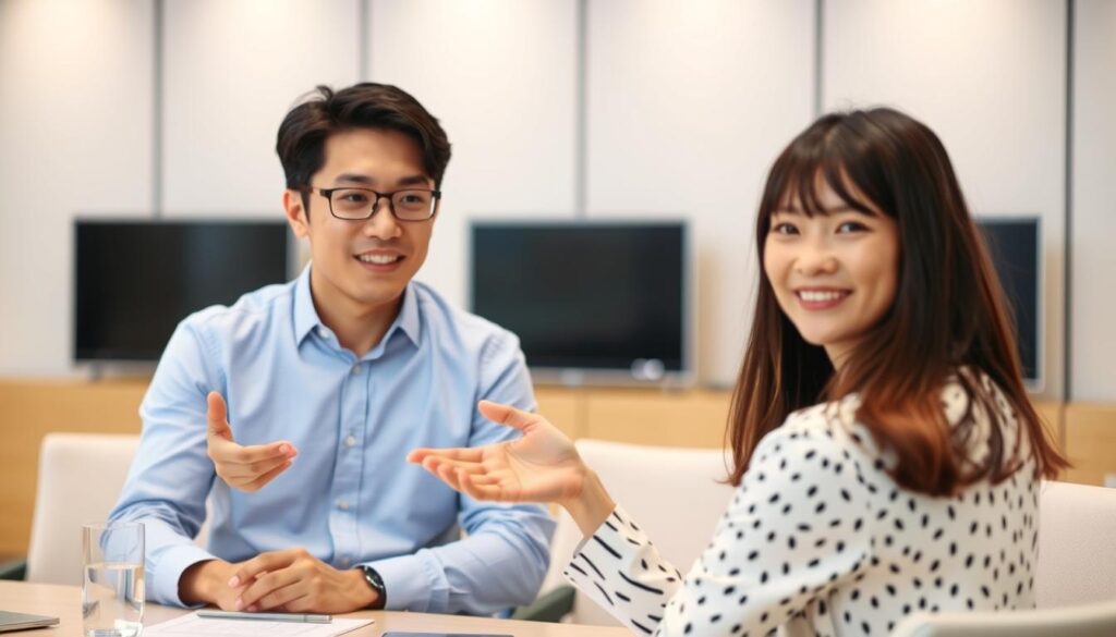 年収アップを実現した20代後半のビジネスパーソンが会議室でプレゼンテーションをしている様子