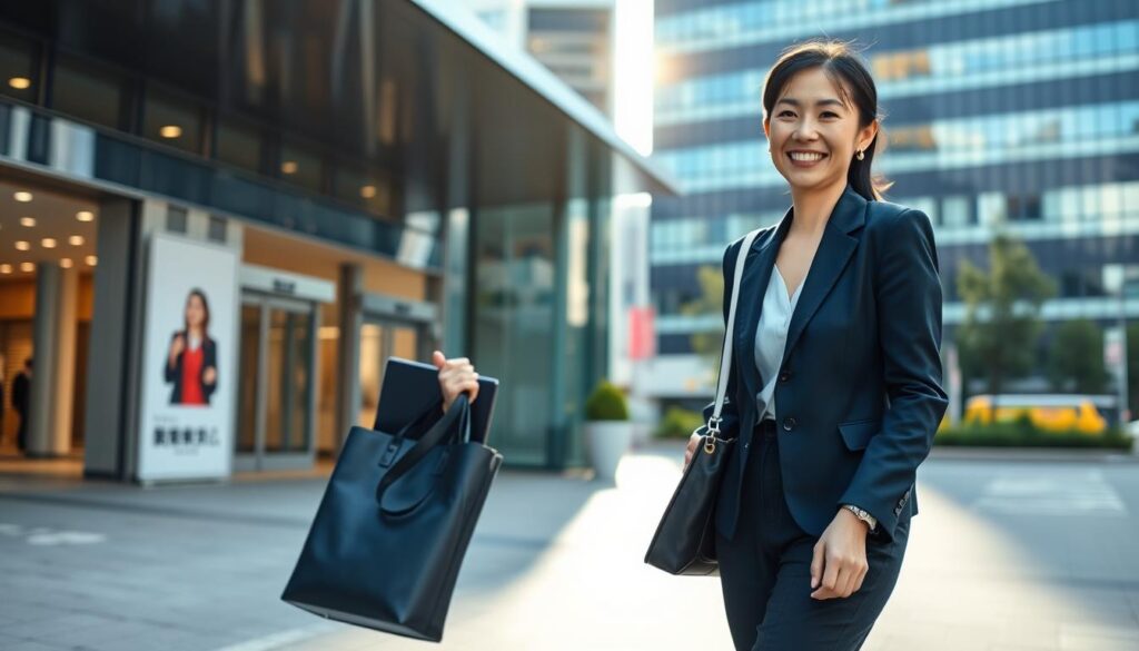 笑顔で新しい職場に向かう女性