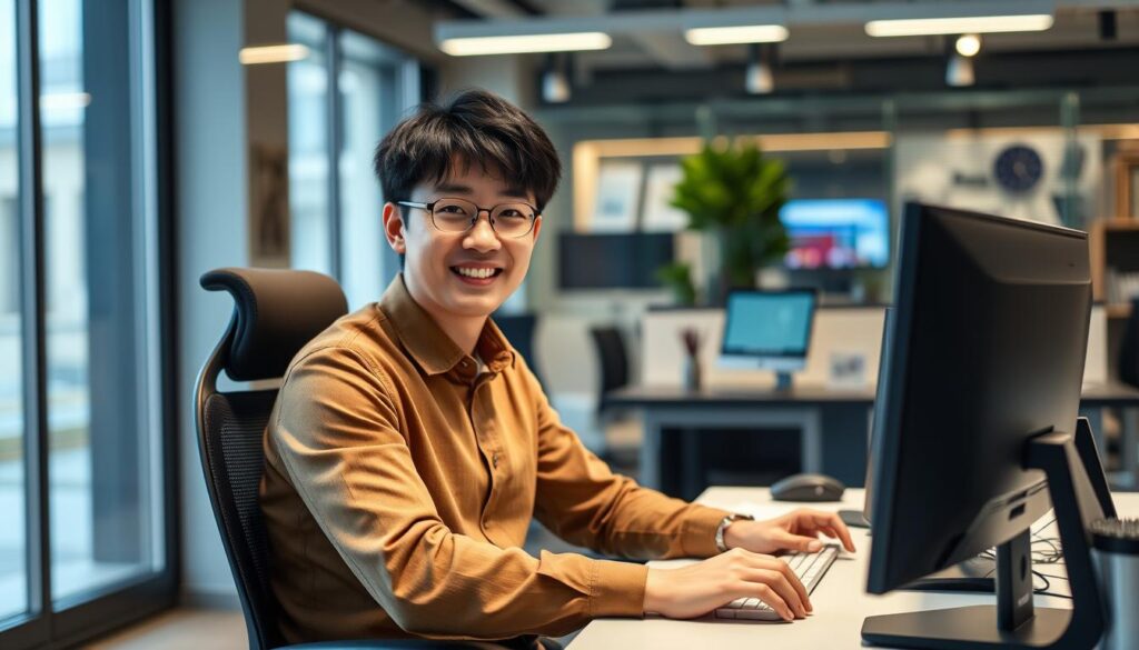 第二新卒からIT業界へ転職に成功した20代男性がオフィスでパソコン作業をしている様子
