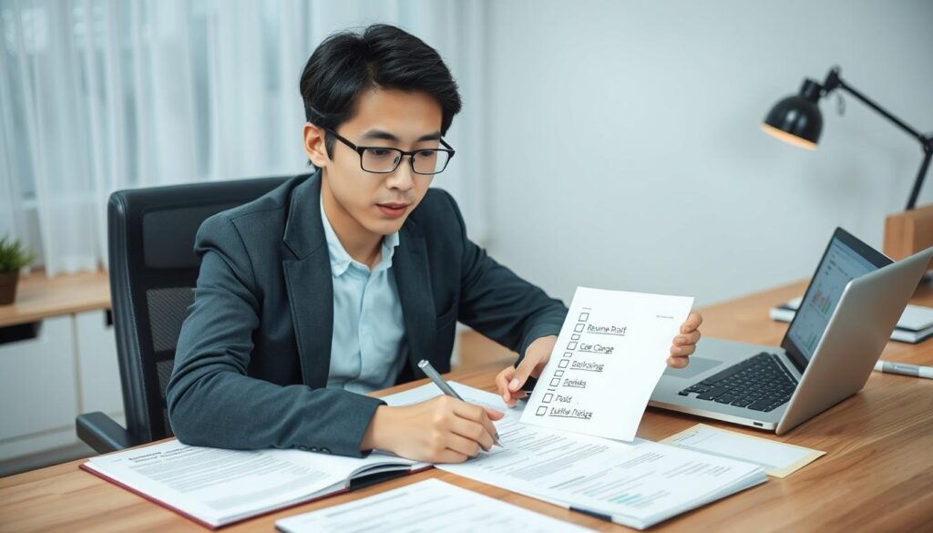 転職成功のためのチェックリストを確認する20歳の若者 転職成功のためのチェックリストを確認する20歳の若者