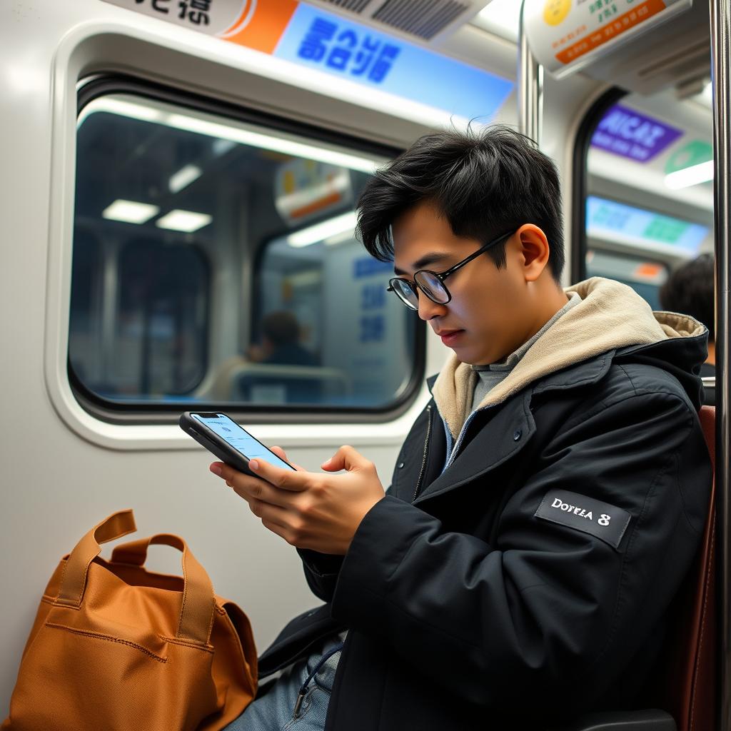 通勤中にスマホで求人を検索する様子